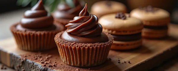 Vue artistique et lumineuse d'une table élégante avec plusieurs desserts au chocolat et café décaféiné, incluant mousse, ganache, et macarons, soulignant la richesse et la complémentarité des saveurs