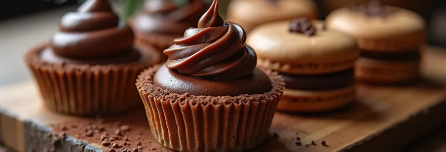 Vue artistique et lumineuse d'une table élégante avec plusieurs desserts au chocolat et café décaféiné, incluant mousse, ganache, et macarons, soulignant la richesse et la complémentarité des saveurs