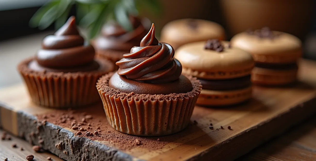 Vue artistique et lumineuse d'une table élégante avec plusieurs desserts au chocolat et café décaféiné, incluant mousse, ganache, et macarons, soulignant la richesse et la complémentarité des saveurs