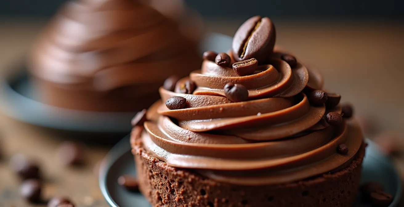 Mousse au chocolat avec une légère infusion de café décaféiné décorée élégamment