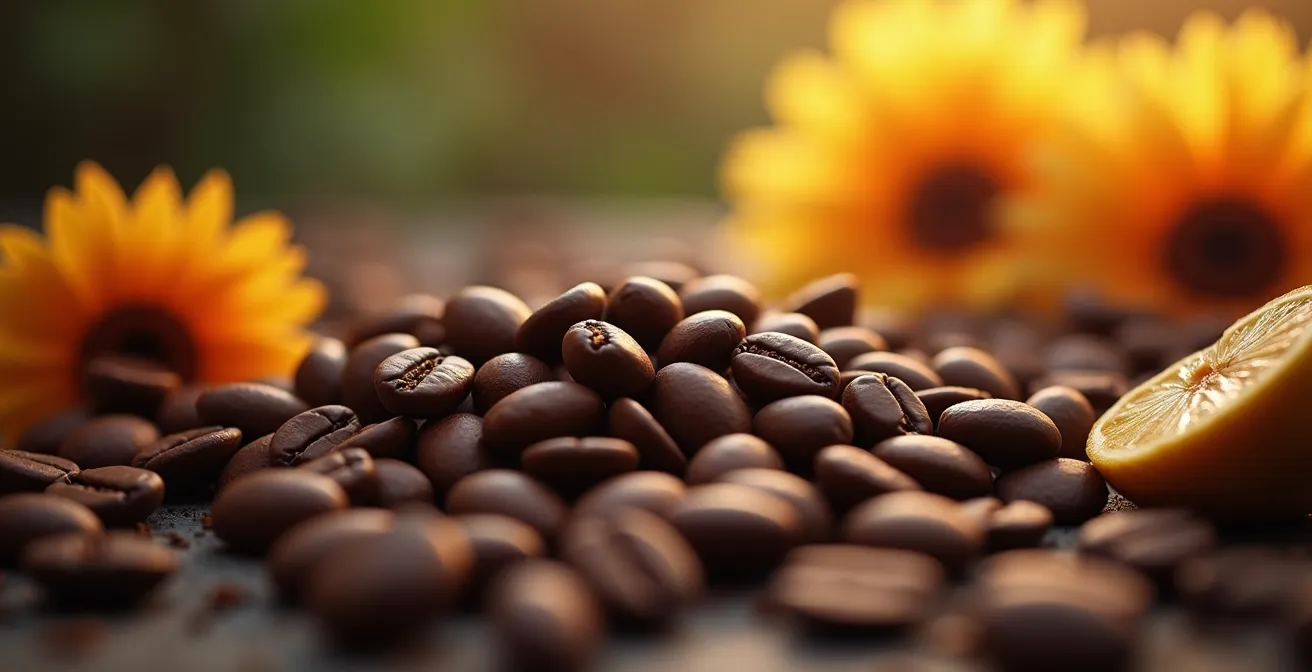 Plan rapproché d’arômes naturels évoquant des notes de chocolat, fleurs et fruits autour de grains de café décaféiné