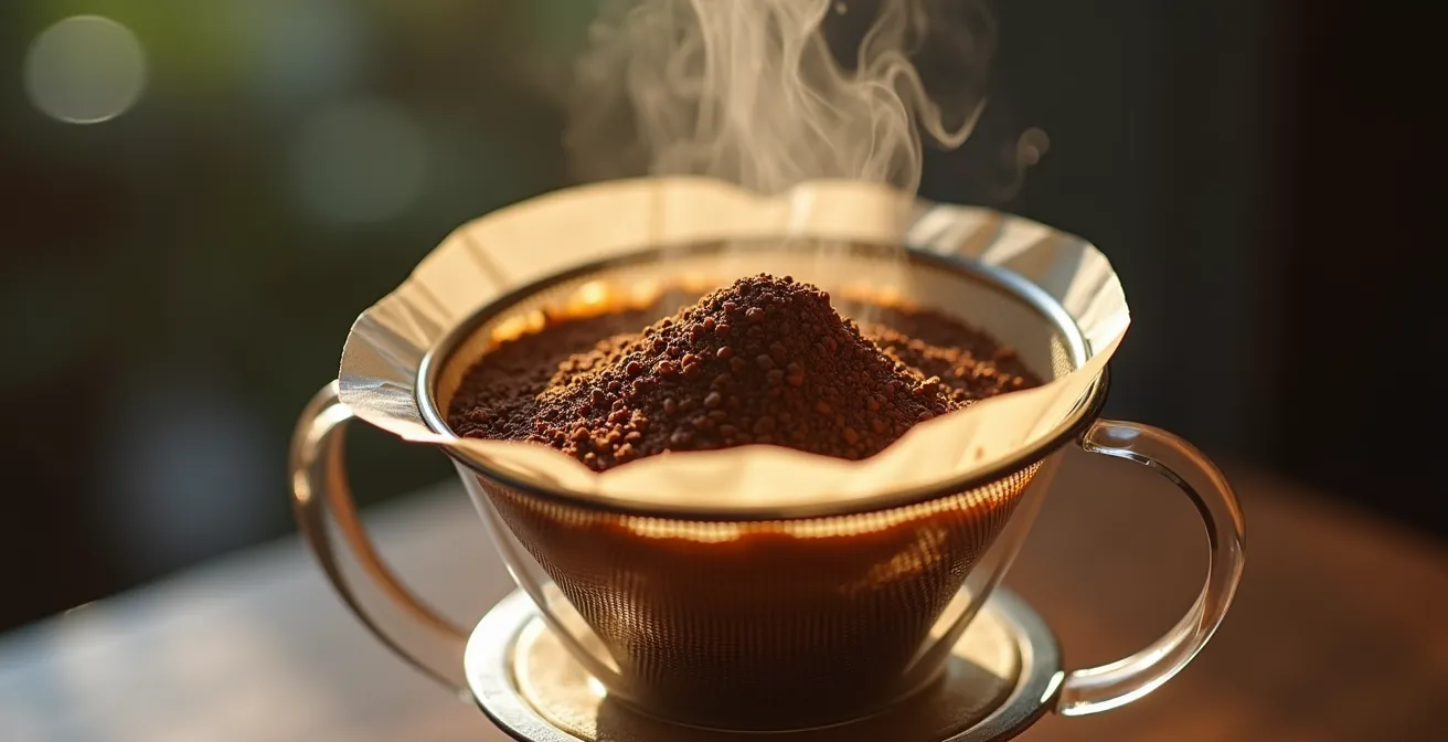 Gros plan sur le café moulu décaféiné infusé dans un liquide clair avec un tamis à pâtisserie
