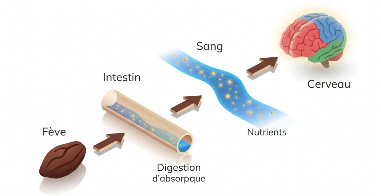 Schéma isométrique illustrant le parcours des molécules du cacao depuis la fève jusqu'aux récepteurs cérébraux, avec zones colorées représentant dopamine, sérotonine et anandamide